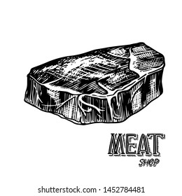 Grilled meat steak, BBQ Pork or beef Barbecue. Food in vintage style. Template for restaurant menu, emblems or badges. Hand drawn sketch.