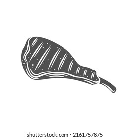 Grilled meat steak with bone. Fried entrecote with bone silhouette glyph icon, engraved monochrome illustration.