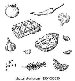 Grilled meat steak, fish steak and vegetables. Vector cartoon illustrations. Isolated objects on a white background. Hand-drawn style.