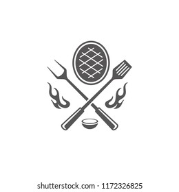 Grilled meat steak with fork and spatula silhouettes vector illustration. Barbecue graphics isolated on white background.