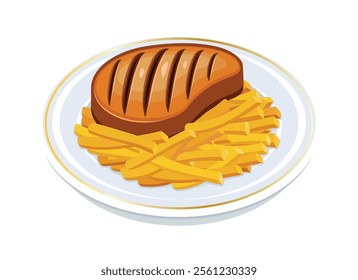 Grilled meat steak and french fries on a plate vector illustration. Grilled beef steak icon vector isolated on a white background. Fried fillet steak drawing