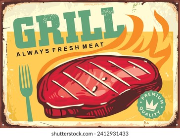 Grillfleisch Steak auf Feuer, Retro-Werbung für Grillrestaurant. Rindsteak Vintage Schild Design. Food, Vektorgrafik.