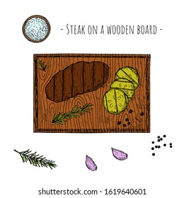 Grilled meat steak on a wooden board. Vector cartoon illustration. Isolated objects on a white background. Hand-drawn style. Top view.