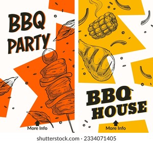 Grilled meat and tasty dishes, deliciously cooked product. BBQ house and party promotional internet banner or poster with more information. Vegetables and pork or beef steak. Vector in flat style