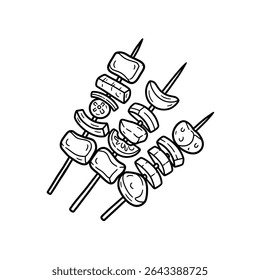 Grilled Meat and Vegetable Skewers – Tasty BBQ Kabobs for Picnic, Outdoor Party or Recipe Illustration – Vector Illustration
