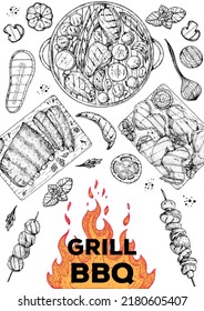 Grilled meat and vegetables frame. Barbecue dishes hand-drawn. Bbq grill food sketch. Vector illustration. Engraved design. 
