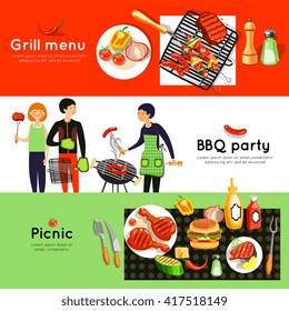 Grilled meat and vegetables menu at picnic barbecue party 3 flat horizontal banners set abstract isolated vector illustration 