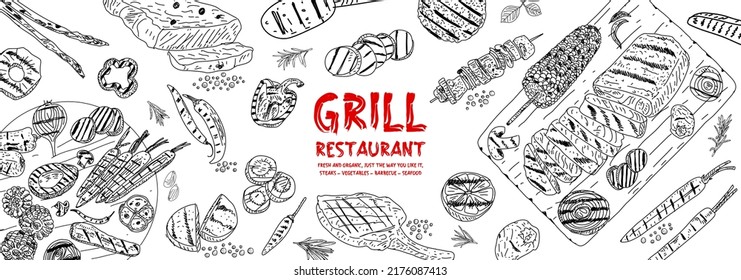 Grilled meat and vegetables poster. Food on the grill. Top view design. Hand drawn illustration. Restaurant menu design. Vector illustration.