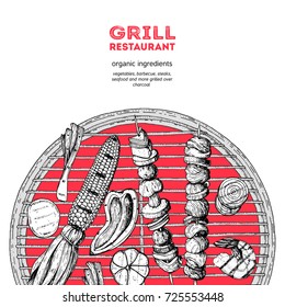 Grilled meat and vegetables poster. Vector illustration. Engraved design. Hand drawn illustration. Grill restaurant menu design template.