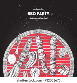 Grilled meat and vegetables poster. Vector illustration. Engraved design. Hand drawn illustration. Grill restaurant menu design template.