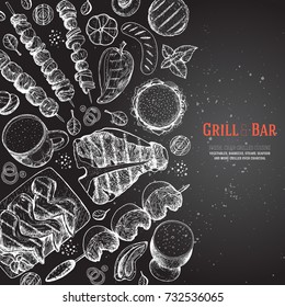 Grilled meat and vegetables poster. Vector illustration. Engraved design. Hand drawn illustration. Grill restaurant menu design template. Pub food.