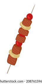 Grilled meat with vegetables, skewer shashlik. Tasty food single doodle. Hand drawn vector illustration in flat style. Cartoon clipart isolated on white background.
