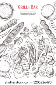 Grilled meat and vegetables top view frame. Hand drawn illustration. Grill restaurant menu design template. Pub food vector illustration. Vintage engraved illustration for beer restaurant.