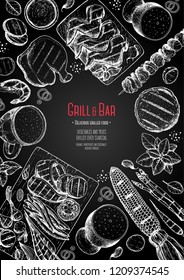 Grilled meat and vegetables top view frame. Vector illustration. Engraved design. Hand drawn illustration. Grill restaurant menu design template. Food on the grill.