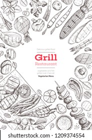 Grilled meat and vegetables top view frame. Vector illustration. Engraved design. Hand drawn illustration. Grill restaurant menu design template. Food on the grill.