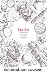 Grilled meat and vegetables top view frame. Vector illustration. Engraved design. Hand drawn illustration. Grill restaurant menu design template. Food on the grill.