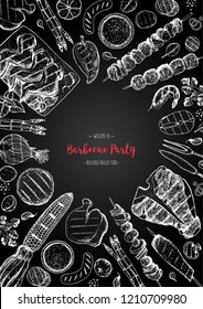Grilled meat and vegetables top view frame. Vector illustration. Engraved design. Hand drawn illustration. Grill restaurant menu design template. Food on the grill.