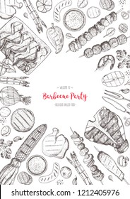 Grilled meat and vegetables top view frame. Vector illustration. Engraved design. Hand drawn illustration. Grill restaurant menu design template. Food on the grill.