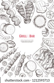 Grilled meat and vegetables top view frame. Hand drawn illustration. Grill restaurant menu design template. Pub food vector illustration. Vintage engraved illustration for beer restaurant.