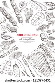 Grilled meat and vegetables top view frame. Vector illustration. Engraved design. Hand drawn illustration. Grill restaurant menu design template. Food on the grill.