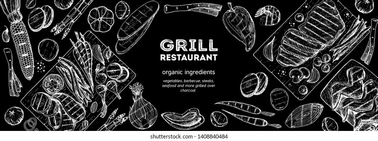 Grilled meat and vegetables top view frame. Vector illustration. Engraved design. Hand drawn illustration. Grill restaurant menu design template. Food on the grill. 