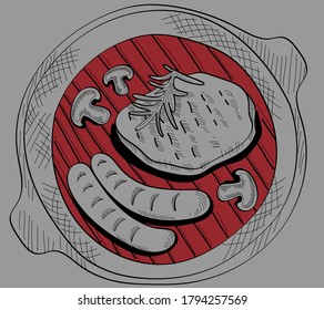 Grilled meat and vegetables top view frame. Vector illustration. Engraved design. Hand drawn illustration. Grill restaurant menu design template. Food on the grill.
