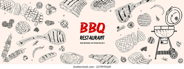 Grilled meat and vegetables. Top view design. Engraved design. Hand drawn illustration. For the design of the menu of cafes and restaurants, shop windows related to the theme of grilled food. Vector.