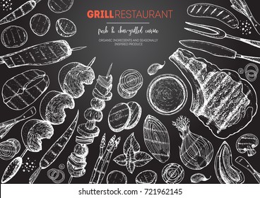 Grilled meat and vegetables top view frame. Vector illustration. Engraved design. Hand drawn illustration. Grill restaurant menu design template. Food on the grill.