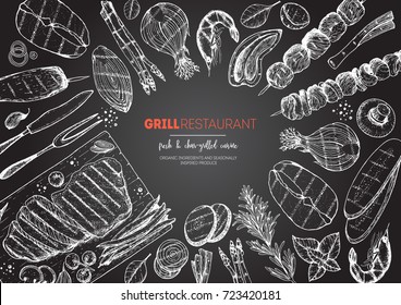 Grilled meat and vegetables top view frame. Vector illustration. Engraved design. Hand drawn illustration. Grill restaurant menu design template.