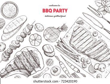 Grilled meat and vegetables top view frame. Vector illustration. Engraved design. Hand drawn illustration. Grill restaurant menu design template.  Food on the grill.