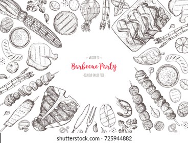 Grilled meat and vegetables top view frame. Vector illustration. Engraved design. Hand drawn illustration. Grill restaurant menu design template.