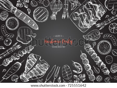 Grilled meat and vegetables top view frame. Vector illustration. Engraved design. Hand drawn illustration. Grill restaurant menu design template.