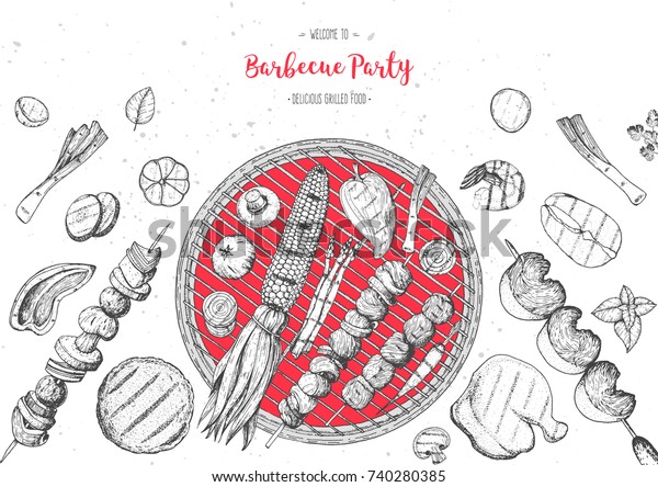 焼き肉と野菜の天面の枠 ベクターイラスト 彫刻デザイン 手描きのイラスト グリルレストランのメニューデザインテンプレート グリルの上の食べ物 のベクター画像素材 ロイヤリティフリー 740280385
