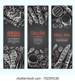 Grilled meat and vegetables vertical banner collection Grill bar design vector illustration. Engraved design. Hand drawn illustration. Grill restaurant menu design template.