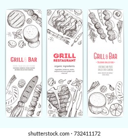 Grilled meat and vegetables vertical banner collection Grill bar design vector illustration. Engraved design. Hand drawn illustration. Grill restaurant menu design template.