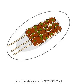 Grilled meatballs 3 sticks put on a white plate.eps