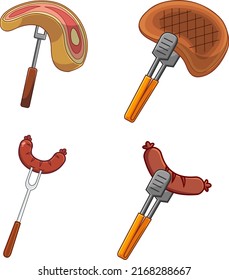 Grilled Meats On A Fork. Vector Hand Drawn Collection Set Isolated On White Background