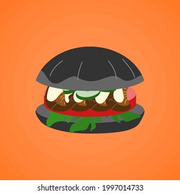 Grilled Mushroom head with mayonnaise  black burger isolated on orange background, culture food vector illustration design.