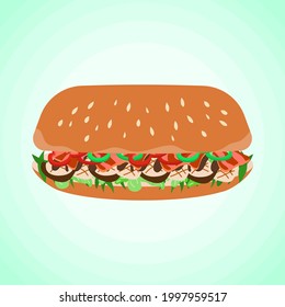 grilled mushroom slice with bacon hot dog burger isolated on green background, culture food vector illustration design.