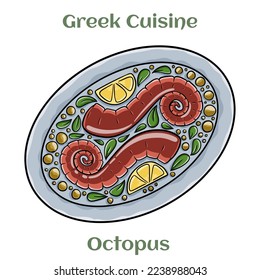 Grilled octopus with olive oil, lemon, oregano and parsley. Traditional Greek Cuisine. Isolated vector illustration. 