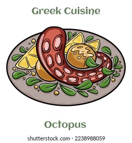Grilled octopus tentacles, served with potatoes. Traditional Greek Cuisine. Isolated vector illustration. 