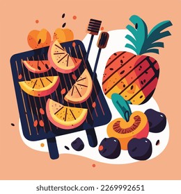 Melocotones a la parrilla y piña. Barbacoa de verano de frutas. Frutas vegetarianas, barbacoa americana. Concepto de ilustración vectorial plana
