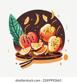 Grilled peaches and pineapple. Fruit summer barbecue. Vegetarian fruity american BBQ. Flat vector illustration concept
