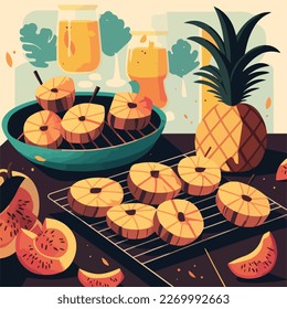Grilled peaches and pineapple. Fruit summer barbecue. Vegetarian fruity american BBQ. Flat vector illustration concept
