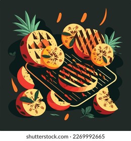 Melocotones a la parrilla y piña. Barbacoa de verano de frutas. Frutas vegetarianas, barbacoa americana. Concepto de ilustración vectorial plana
