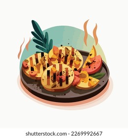 Grilled peaches and pineapple. Fruit summer barbecue. Vegetarian fruity american BBQ. Flat vector illustration concept
