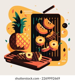 Grilled peaches and pineapple. Fruit summer barbecue. Vegetarian fruity american BBQ. Flat vector illustration concept
