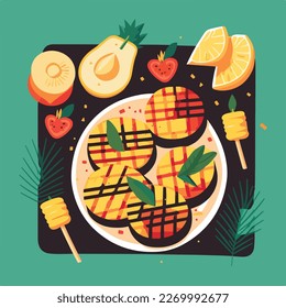 Grilled peaches and pineapple. Fruit summer barbecue. Vegetarian fruity american BBQ. Flat vector illustration concept
