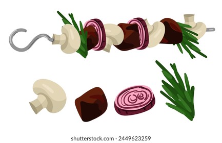 Grilled pieces of meat with herbs, onions, mushrooms strung on a skewer and separately. Independent juicy ready-made meat dish made of pork or beef. Ready-made dish for the restaurant, menu on white