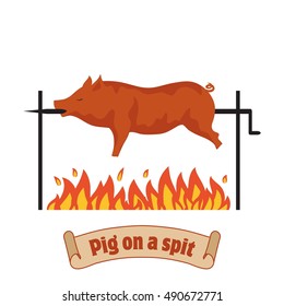 Grilled pig. Pig on spit. Roasting piglet. BBQ pork.